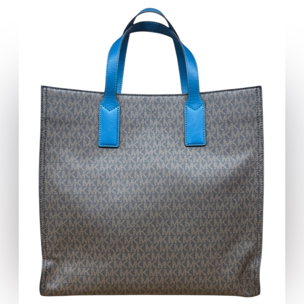 Michael Kors Kenly Brown Blue Lagoon MK Signature Large Tote Shoulder Bag Purse - Picture 6 of 14